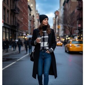 Stylish Black Coat with Plaid Sweater